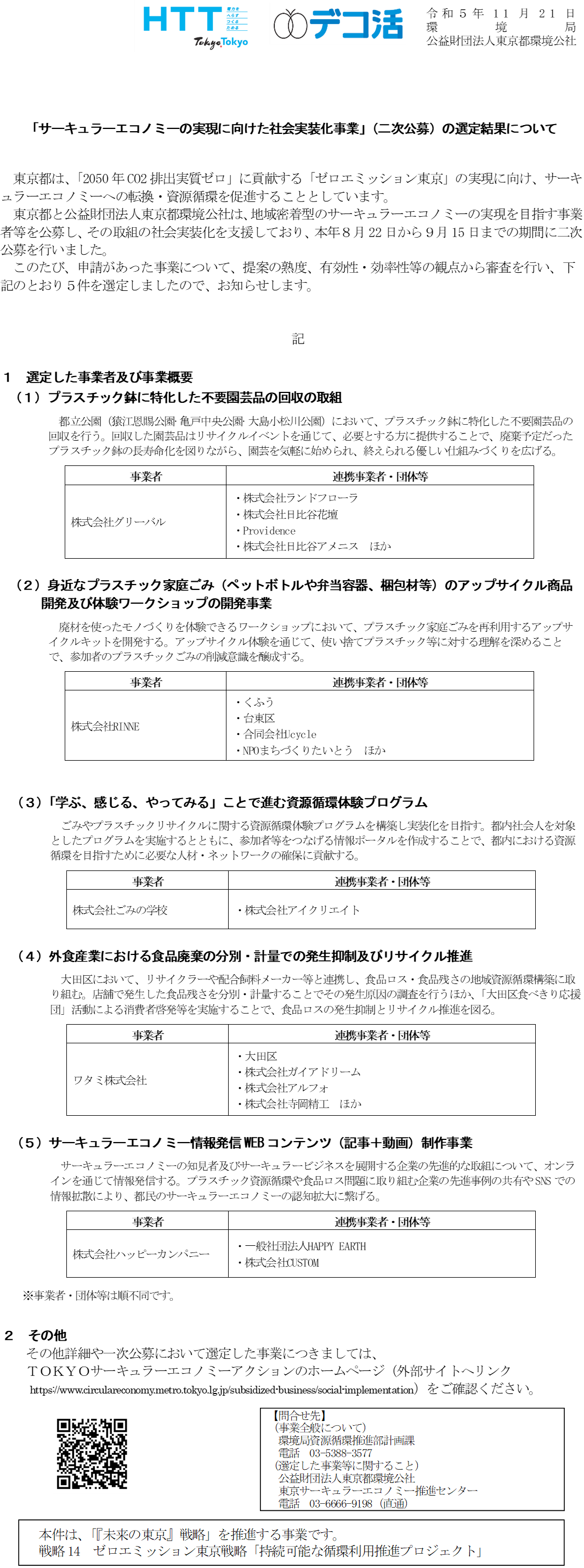 「サーキュラーエコノミーの実現に向けた社会実装化事業」(二次公募)の選定結果について